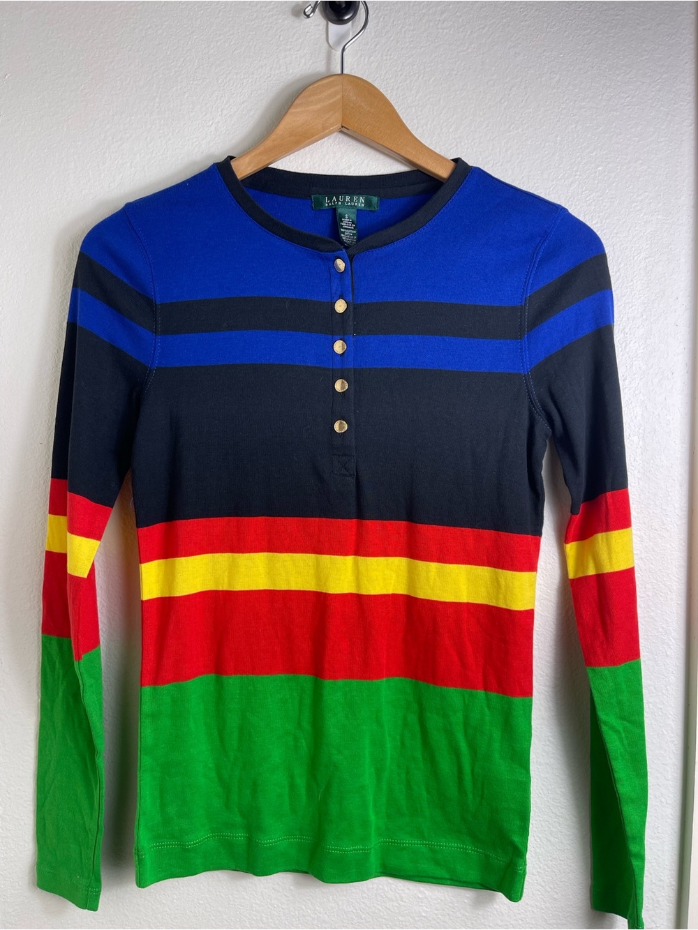 Lauren Ralph Lauren Multi-Color Colorblock Stripe Henley Top - Size Small/XS
